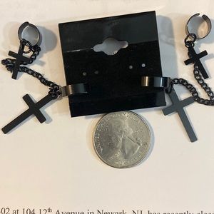 Alternative Style Black hoop earrings with crosses, chains, and ear cuff